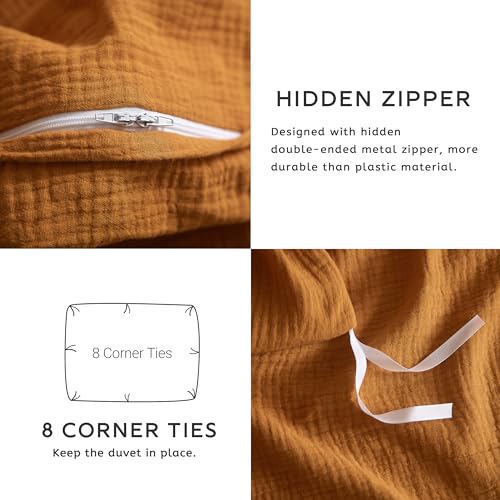 SE SOFTEXLY Muslin Duvet Cover King Size, 100% Washed Cotton Duvet Cover Set, Ultra Soft Comforter Cover Linen Like, 3 Pieces Minimalist Gauze Duvet Cover with 2 Pillowcases, 90"x104", Pumpkin