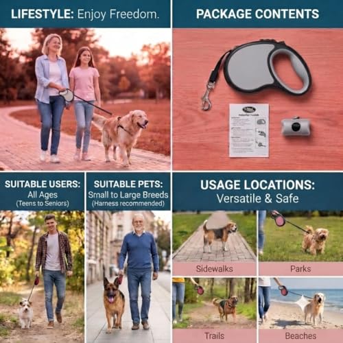 Image of Cawypety Retractable Dog Leash, 16ft /5M Heavy Duty Extendable Dog Walking Lead | One-Hand Brake & Lock, 360 Tangle-Free | Durable Pet Leash with Ergonomic Anti-Slip Handle for All Small,Large Breeds