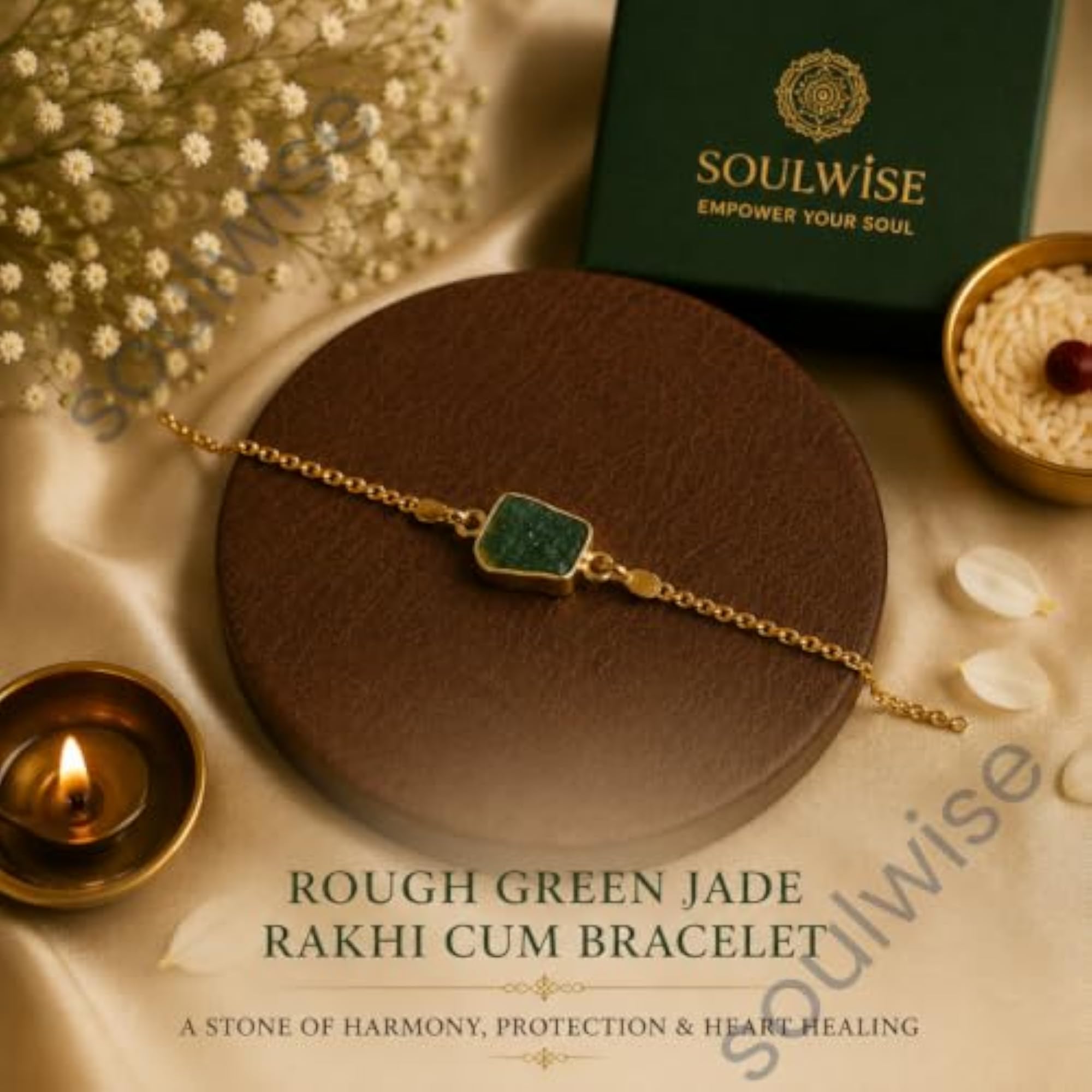 Rough Green Jade Rakhi Cum Bracelet with Gold Chain