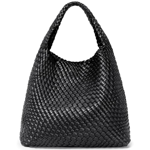 oscaurt Tragetasche für Damen, gewebte Ledertasche, gewebte Tragetasche, Damen-Handtaschen, Schultertaschen, Einkaufstasche, Top-Griff, Tasche mit Beutel, Geldbörse, Schwarz , Large