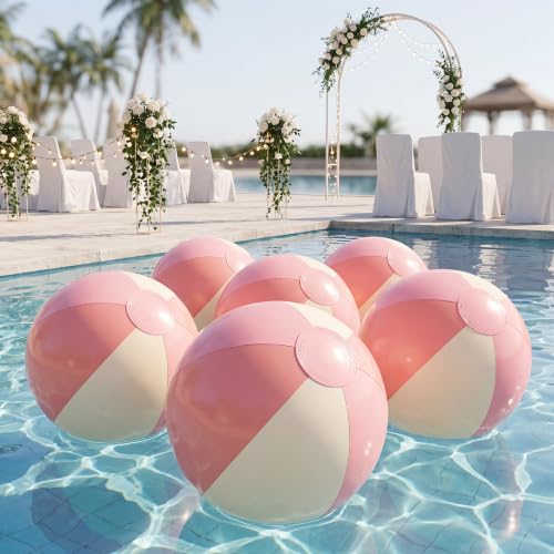 Chitidr 6 Pcs Pink White Beach Balls Inflatable, 17 Inch Pink and White - image 1