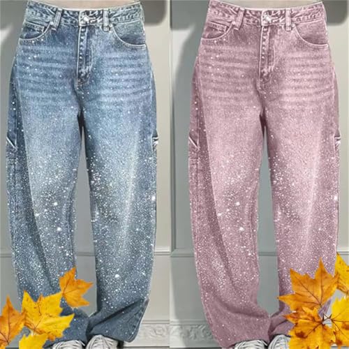High Waisted Rhinestone Jeans for Women, Baggy Wide Straight Leg Casual Denim Pants Trousers, Wide Leg Bling Denim Pants2