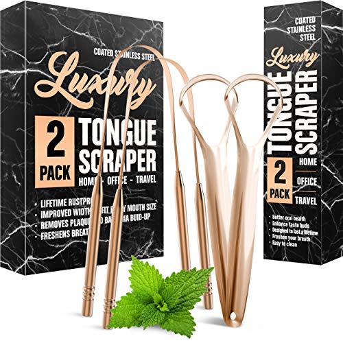 Copper Tongue Scraper (2-pack), Cure Bad Breath (Medical Grade), Stainless Steel Tongue Cleaners Copper, 100% BPA Free Metal Tongue Scrapers for Fresher Breath in Seconds (Double Handle)