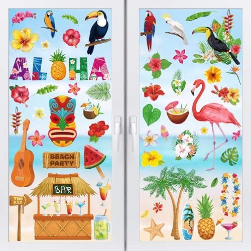 Image of 103 PCS Hawaiian Window Clings, 9 Sheets Tropical Hawaiian Party Decorations, Double-Sided Summer Window Clings with Tiki Masks Hibiscus Lei Patterns, Aloha Party Decorations for Home Office
