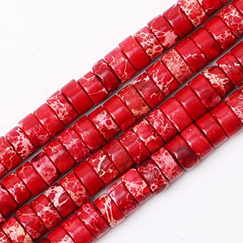 Natural Stone Heishi Beads for Necklace Making, 4mm x 6mm Small Flat Round Stone Loose Heishi Disc Gemstone Beads for Jewelry Making Craft Bracelet Earrings Necklace - Red Imperial Jasper