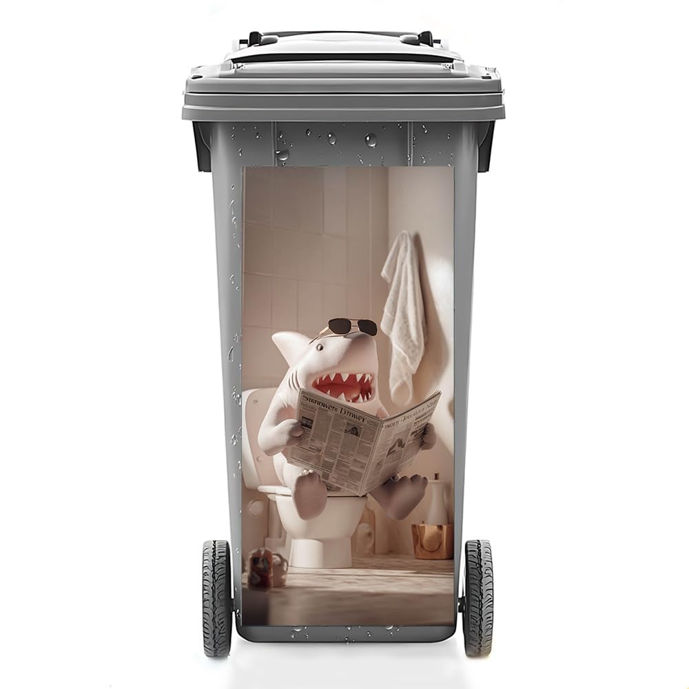 14.6x32.3 Inch Trash Can Cover Shark Cartoon Reading Newspaper Design Outdoor Garbage Bin Decoration Sticker Wrap