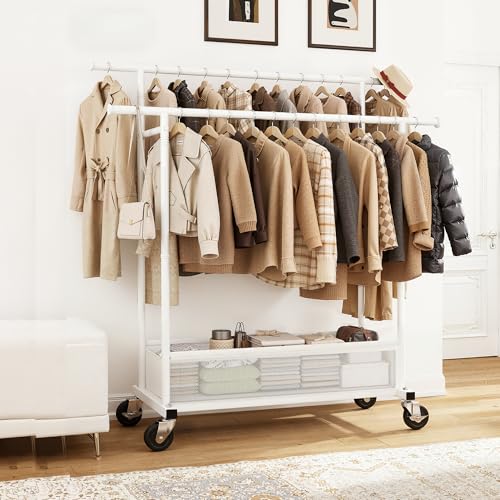 Klyvvo Kleiderständer auf Rollen mit Wäschekorb, 110KG Doppelter Kleiderständer Stabil mit Rollen, Kleiderstange aus Metall für Kleider,Pullover,Mäntel,Abrigos de Invierno,Clothes Rack,Eine Notlösung