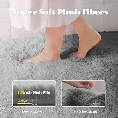 Fluffy Grey 8x10 Living Room Area Rug, Washable & Plush