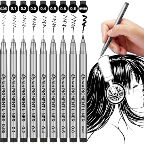 Oytra 9 Fineliners Technical Black Pigment Pens Set Felt Tip for Professional Artists Mandala Art Calligraphy Doodle Architecture Drawing Sketching for Artist Waterproof Outline