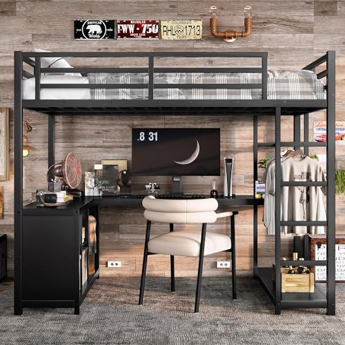 Image of Bellemave Twin Size loft Bed with L Desk, Wardrobe, Metal Twin Loft Bed Frame for Adults, Kids, Teens, Black
