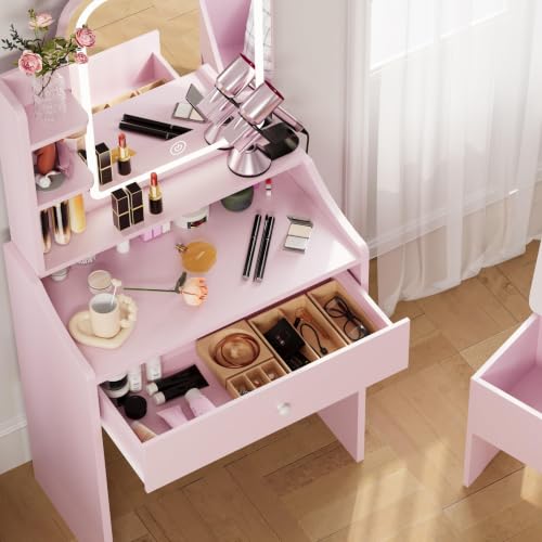 Image of LIKIMIO Small Vanity Desk with Storage Stool and Mirror Lights | Pink compact vanity featuring 3 lighting modes, acharging station, a storage drawer, 3 shelves and padded stool