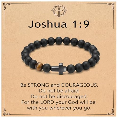 Pulsera para hombre con cruz, piedra natural negra y ojo de tigre miniatura 1