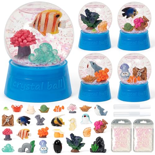HoniedPepperino Ocean Snow Globes Craft Kit - 8 Set DIY Plastic Snow Globe Craft with Mini Resin Fish Animal Make Your Own Party Favor Decor with Glitter for Art Activity (Under The Sea)