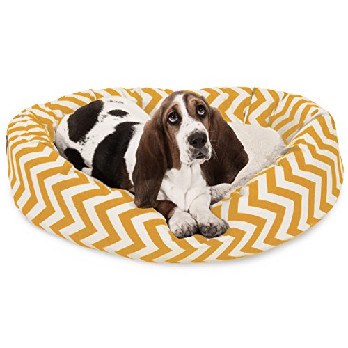 Image of Majestic Pet 32 Inch Chevron Sherpa Calming Dog Bed Washable - Cozy Soft Round Dog Bed with Spine for Head Support - Fluffy Donut Dog Bed 32x23x7 (inch) - Round Pet Bed Medium - Yellow