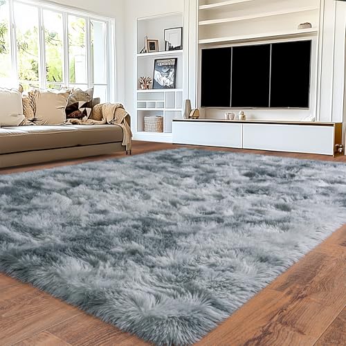 Area Rugs 9x12 for Living Room, Tie-Dye Silver Grey Fluffy Rug for Bedroom