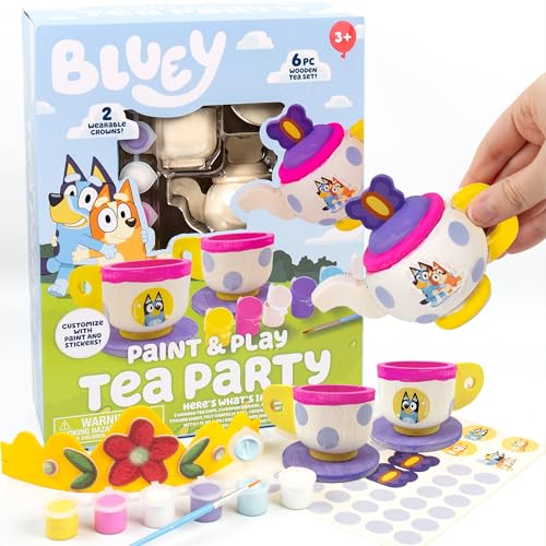 Bluey Paint & Play Tea Set - 6-Piece Wooden Set, Customize with Paint & Stickers, 2 Wearable Crowns, Fun Toys for Kids, Cute Birthday Party Decorations, Pretend Play