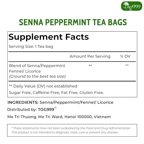Image of TOG999, 100 Tea Bags, Blend of Senna Leaves - Peppermint - Licorice - Fennel, 100% Natural Ingrendients, Hand-made Herbal Tea, Relieves Constipation Naturally Tea, No Sugar, No Caffeine, No Gluten, Vegan.