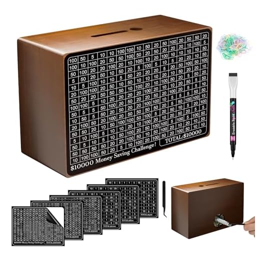 Wooden Money Saving Box, Cash Vault Savings Box for $10000 $5000 $3000 $1000 $800 $500 Target Money Saving Challenge, Reusable Money Box with Counter, Dry Erase Pen/Savings Trackers/Rubber Band-Brown