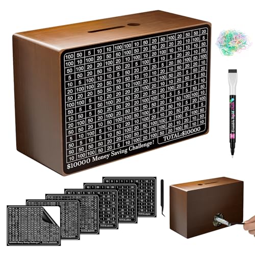 Wooden Money Saving Box, Cash Savings Box for $10000 $5000 $3000 $1000 $800 $500 Target Money Saving Challenge, Money Box with Counter/Dry Erase Pen/Savings Trackers/Rubber Band-Brown