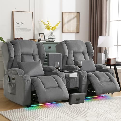 Image of DRMBOOK Power Recliner Chair, Electric Wall Hugger Reclining Sofa with Massage & Heat, Overstuffed Theater Seating with LED /USB /Cup Holders for Living Room (Linen Grey, 2 Chairs with Console)