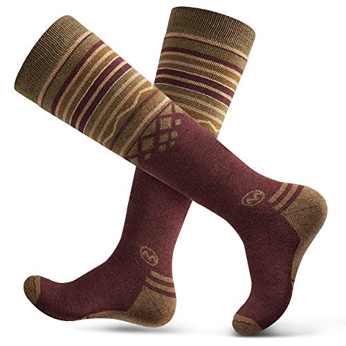 Ski Socks 2-Pack Merino Wool, Non-Slip Cuff for Men & Women - Red,L/XL
