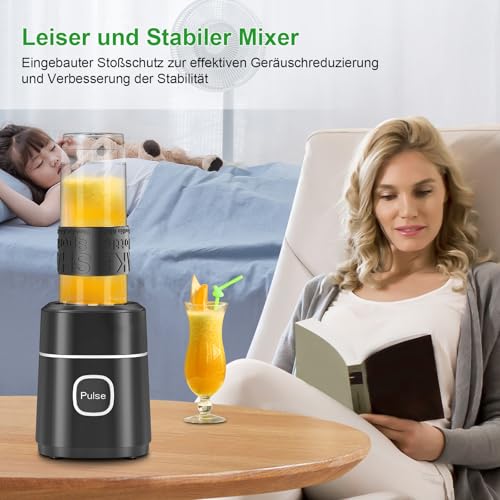 Mixer, Smoothie Maker, 500W Mini Standmixer mit 2x570ml Tritan BPA Freier Flasche, Tragbarer Edelstahl Blender, Geräuscharm, Leicht zu Reinigen, 4-Klingen-System, für Jede Art von Shake und Smoothie – Bild 5