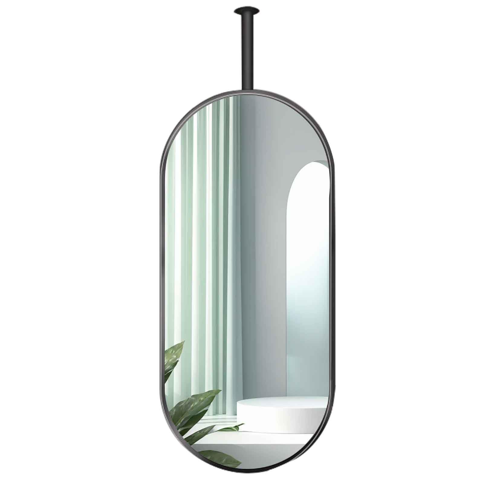 FGXHHS Oval Hanging Pole Ceiling Mount Mirrors Bathrooms Black Metal Frame Decor Vanity Mirror for Home Hotel Hallway - Customisable Rod(50cmx70cm)