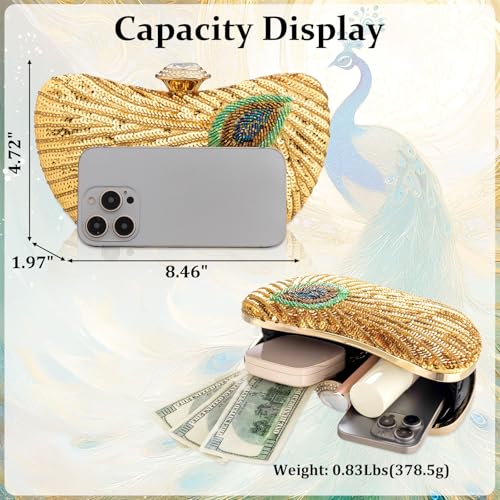 Image of Peacock Clutch Purse Evening Handbags for Womens Vintage Crossbody Shoulder Bags Sequin Feather and Detachable Chains (Gold)