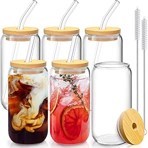 6 Pcs Drinking Glasses with Bamboo Lids and Glass Straw – 16 Oz Can Shaped Glass Cups for Beer, Ice Coffee, Cute Tumbler Cup Great for Soda Boba Tea Cocktail Include 2 Cleaning Brushes