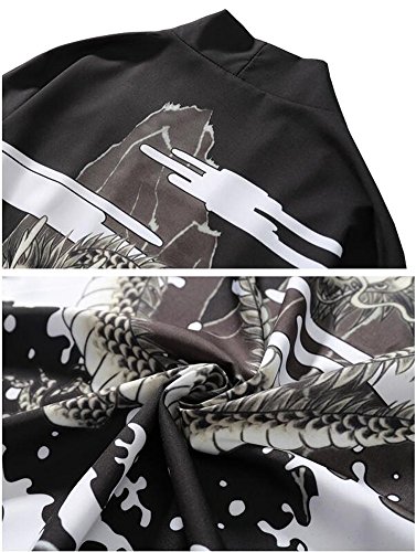 Men's Kimono Yukata Cardigan Casual Dragon Pattern Open Front Coat (Black, Large)