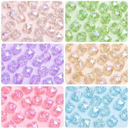 Image of 500 Pcs Square Rainbow Crystal Beads for Jewellery Making Kit - Beads for Bracelet Making Kit - Bead Craft - Acrylic - Multicolour - 120g, 8mm