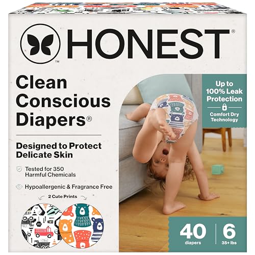 Image of The Honest Company Comfort Dry Disposable Diapers for Sensitive Skin, Hypoallergenic, Fragrance-Free, Beary Cool + Big Trucks, Club Box, Size 6 (35 lbs), 40 Count