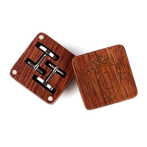 Image of Mens Initial Silver Cufflinks A-Z Alphabet Letter Steel Cuff Links with Engraved Walnut Wood Box Groom Groomsman Wedding Set