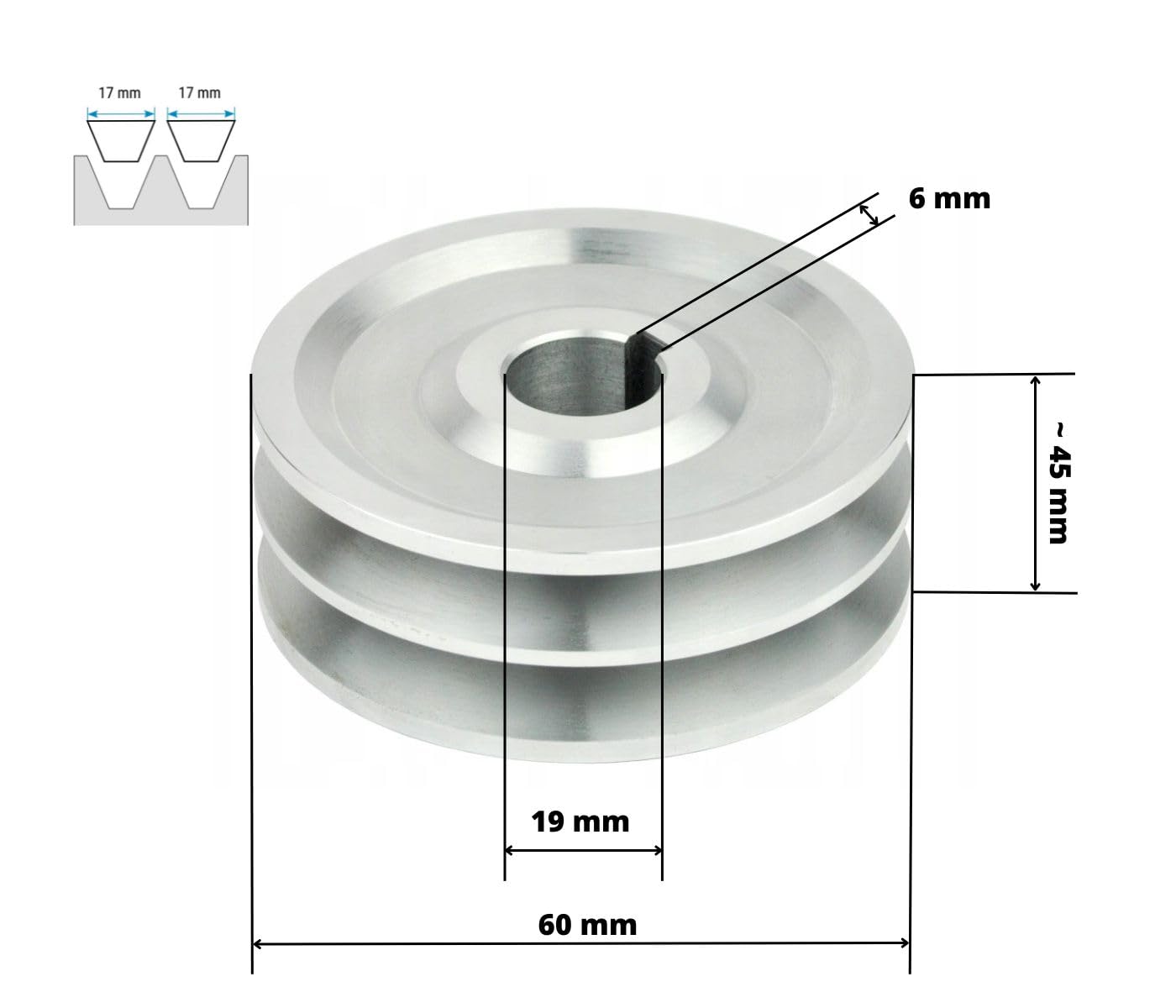 Poleggia per cinghia trapezoidale 60mm a 2 scanalature Per cinghia trapezoidale SPB 17mm Albero 19mm, Varianti di pulegge 60mm-160mm Albero da 19 mm a 42 mm con scanalatura, Doppia puleggia 2x17mm