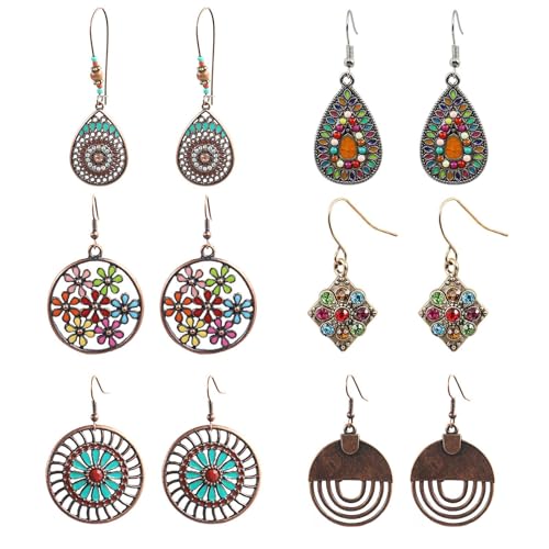 6 Pairs Bohemian Vintage Dangle Earrings Retro Rhinestone Teardrop Hollow Leaf Sunflower Earrings for Women Geometric Round Colorful Jewelry Earrings Set