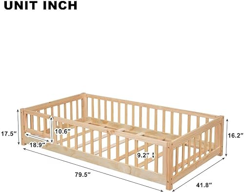 Miniatura 8 de i-POOK Cama de plataforma de suelo tamaño individual, marco de cama Montessori con barandillas en forma de valla y puerta, marco de cama de madera