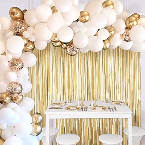 JOYYPOP White Gold Balloon Garland Kit with Gold Tinsel Curtain White Gold Balloons for White and Gold Wedding Birthday Party Cover