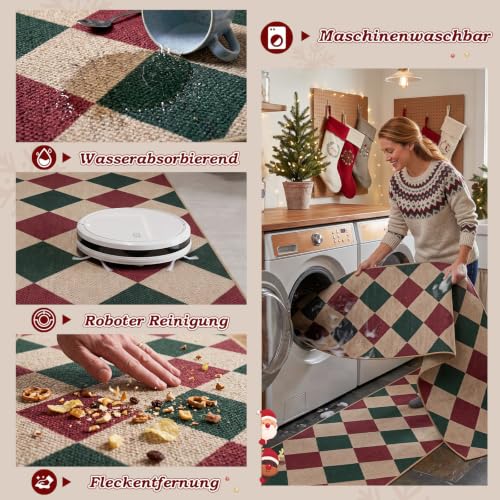 TUKDAK Jute Weihnachtsteppich Läufer 60x180cm Waschbar Rutschfest Rot Grün – Ansicht 6