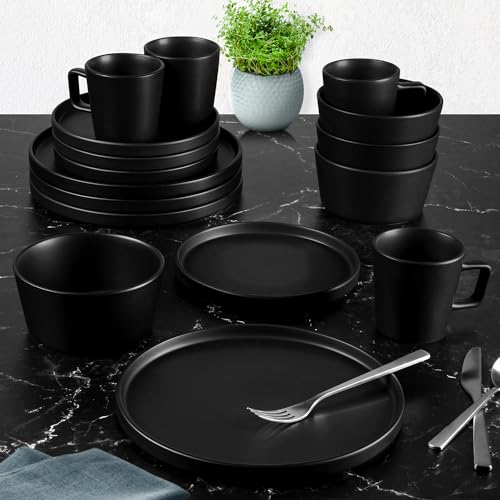 Image of Zulay Kitchen Terra Plates and Bowls Sets, 16 Piece Modern Stoneware Dish Set for 4, Chip and Scratch Resistant Ceramic Dinnerware Set, Microwave and Dishwasher Safe, Matte Black