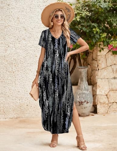 Image of JollieLovin Womens Plus Size Casual Summer Maxi Long Dress Short Sleeve T-Shirt Loose Sun Dress(L-5X)