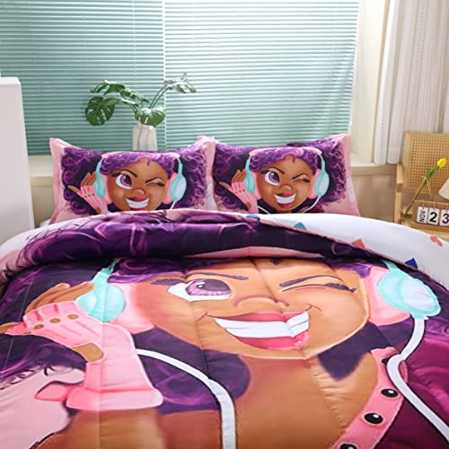 African American Black Girl Comforter Set For Kids And Adults, Queen Size Girls Love Music Purple Hair Themed Bedding Comforter With 2 Afro Hair Magic Girls Pillowcases - 90" X 90" #TOP6