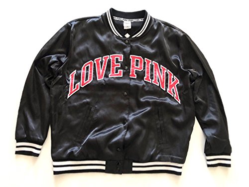 Victoria's Secret Pink Satin Bomber Jacket Black Snap Buttons NWT (Medium)3
