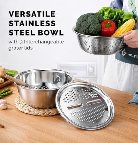 Image of Rioware 3-in-1 Multipurpose Drain Basket Grater & Basin Bowl | Stainless Steel 26cm(4 Liters) Double Layer Colander | Multi-Functional Vegetable Cutter & Fruit Washing Sieve for Kitchen