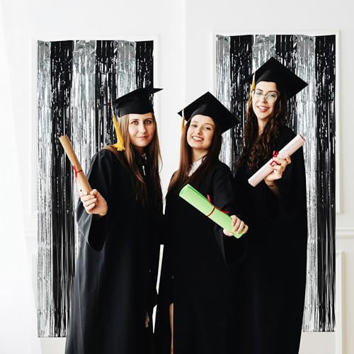 Image of TONIFUL Silver Black Door Streamers,Silver and Black Photo Booth Backdrop Metallic Streamers Foil Fringe Curtain for Birthday,New Year,Graduation,Grad,Bachelorette Party Streamers Decoration