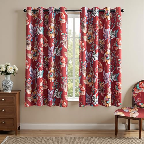 Image of MYSKY HOME 95% Floral Blackout Curtains 63 Inch Length Bedroom Black Out Thermal Insulated Curtain Printed Flower Vintage Style Grommet Window Panels Living Room Kitchen, Pack-2, Terracotta