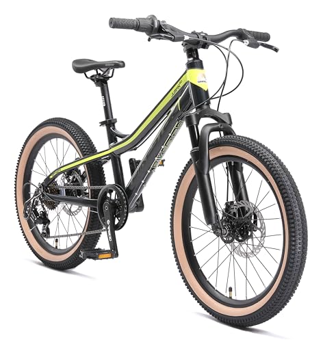 BIKESTAR MTB Mountain bike alluminio per bambini 6-9 anni | Bicicletta 20 pollici 7 velocità Shimano, hardtail, freni a disco, sospensioni | Nero Verde
