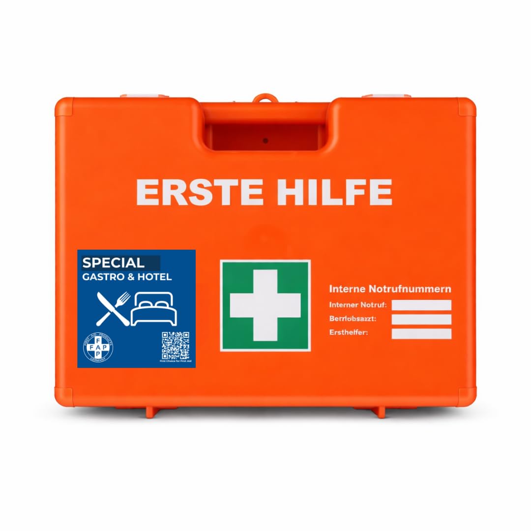 FAP Erste-Hilfe-Koffer Gastronomie Hotel DIN 13157 gefüllt - Orange| Detect-Pflaster HACCP & Burngel | Gastro Küche Restaurant ABS Kunststoff, Betriebsverbandkasten Wandhalterung - 33×42×15 cm