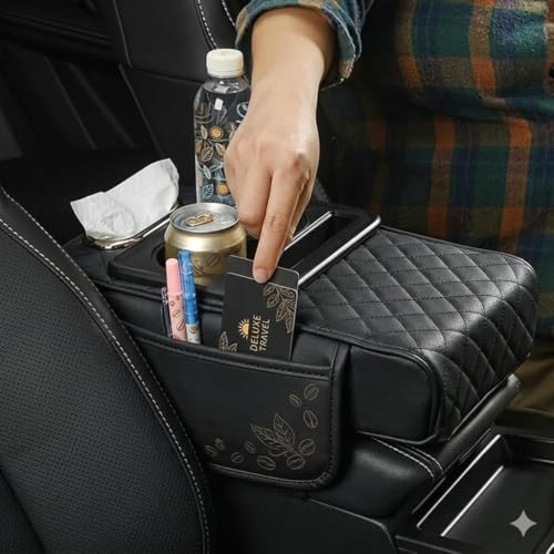 Image of Car Armrest Cushion, 5 in 1 Center Console Cover with 2 Cup Holders, Phone Holder, Tissue Holder, Storage Bag, Multifunctional Leather Heightened Car Armrest Cushion for Universal Fit (Black)