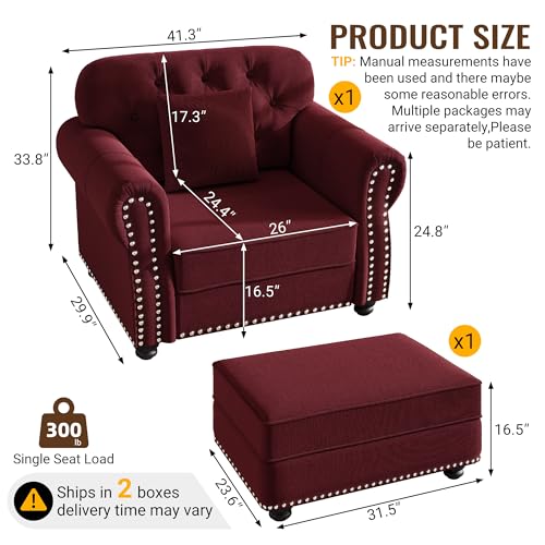 Image of KEIKI 41 inch Velvet Chesterfield Sofa with Rolled Arms & Nailhead Trim & 1 Ottoman, Modern 1-Seater Button Tufted Couch with High Resilience Cushion & 1 Pillow, Easy Assembly, for Living Room, Burgundy
