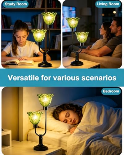 Image of Lightdot Green Glass Flower Table Lamp for Bedroom Vintage Dimmable Lamp